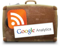 Ilustrační obrázek, kufr s ikonou RSS a Google Analytics