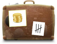Ilustrace na téma výkonnostní marketing, kufr s nálepkami penízků a tří čárek